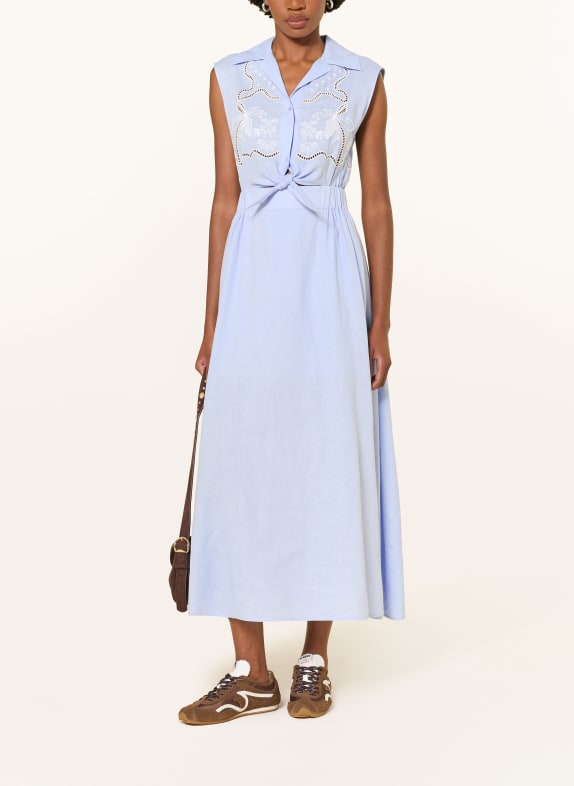 SANDRO Kleid mit Leinen und Lochspitze HELLBLAU / WEISS