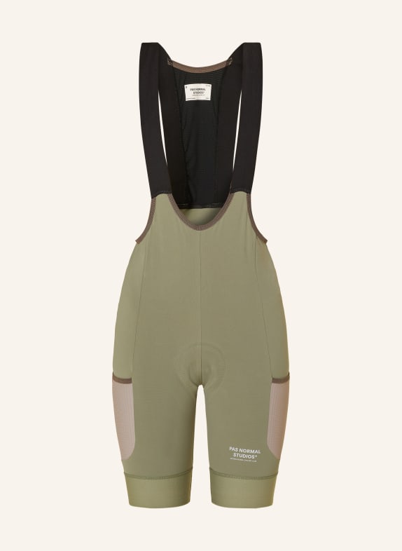 PAS NORMAL STUDIOS Pantaloni de ciclism ESCAPISM CARGO BIBS cu bretele și inserție căptușită OLIV / BEJ / NEGRU