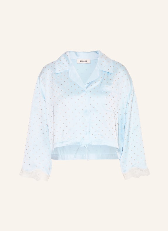 SANDRO Satinbluse mit Schmucksteinen und Spitze HELLBLAU / ECRU