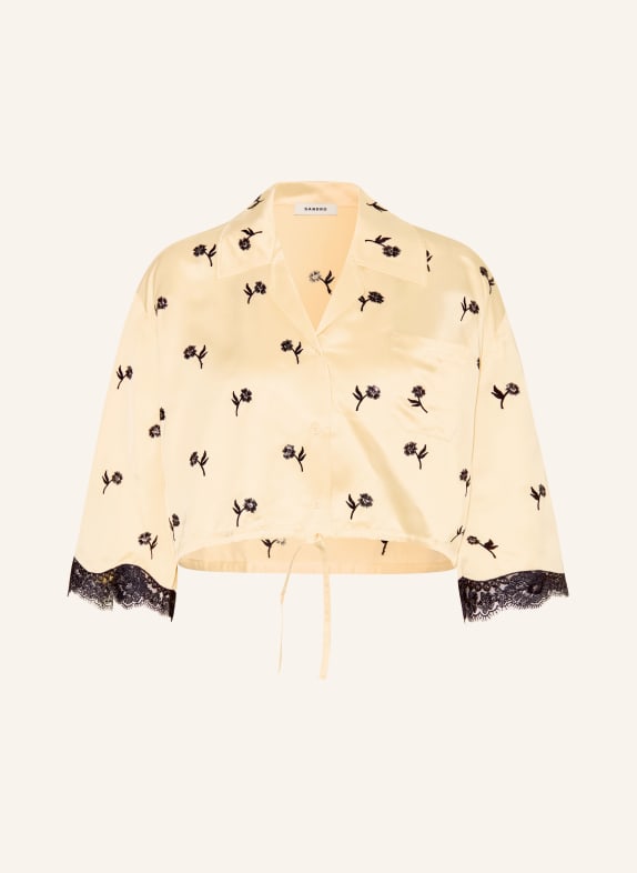 SANDRO Satinbluse mit Spitze und 3/4-Arm HELLGELB / SCHWARZ