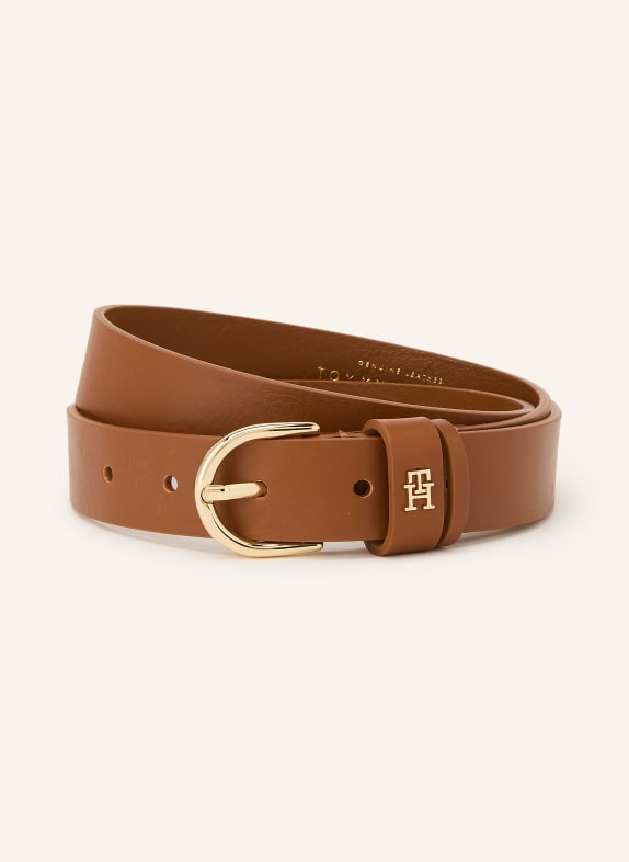 TOMMY HILFIGER Pasek skórzany BRĄZOWY / ZŁOTY