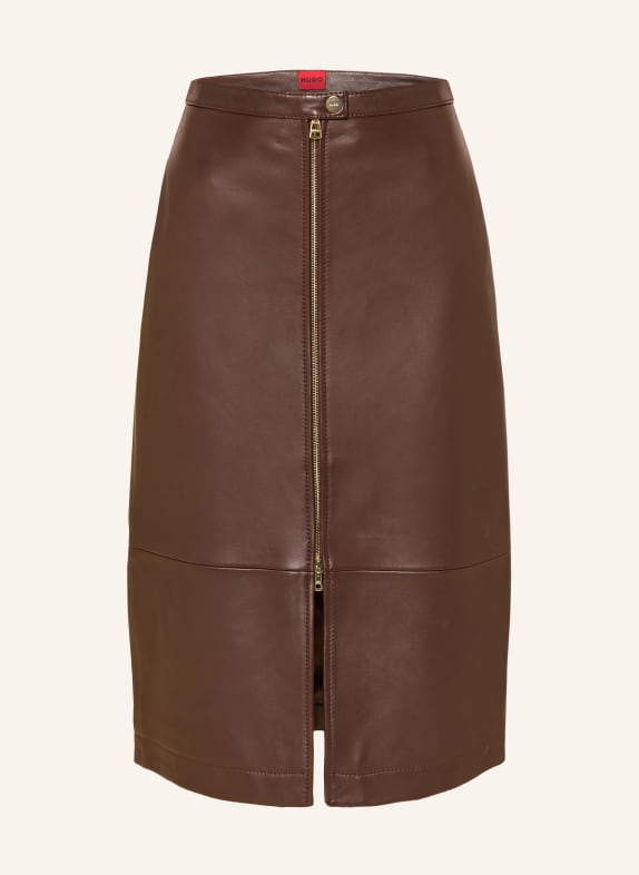 HUGO LACELO Leather Skirt DARK BROWN / GOLD