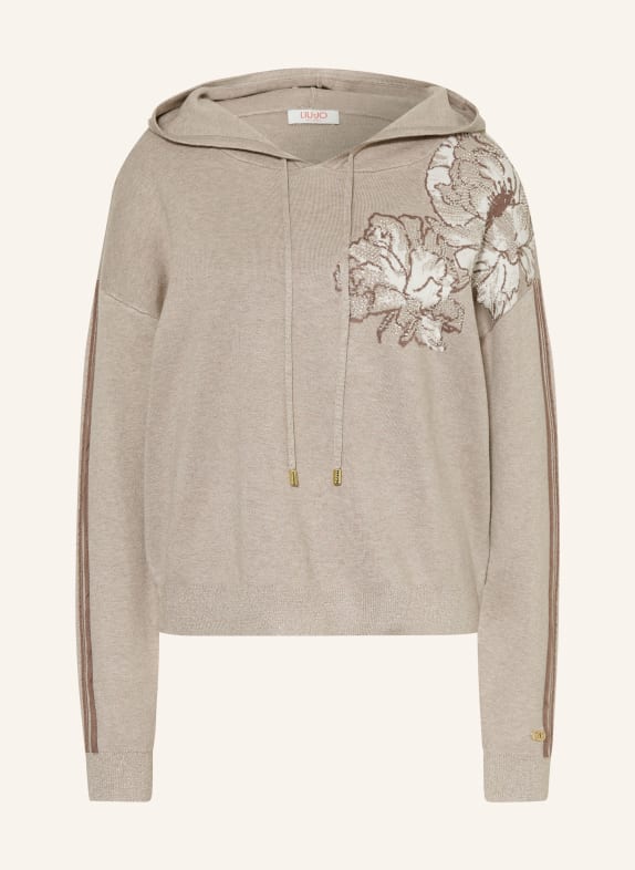LIU JO Gebreide Hoodie met strass-steentjes en glittergaren LICHTBRUIN / WIT