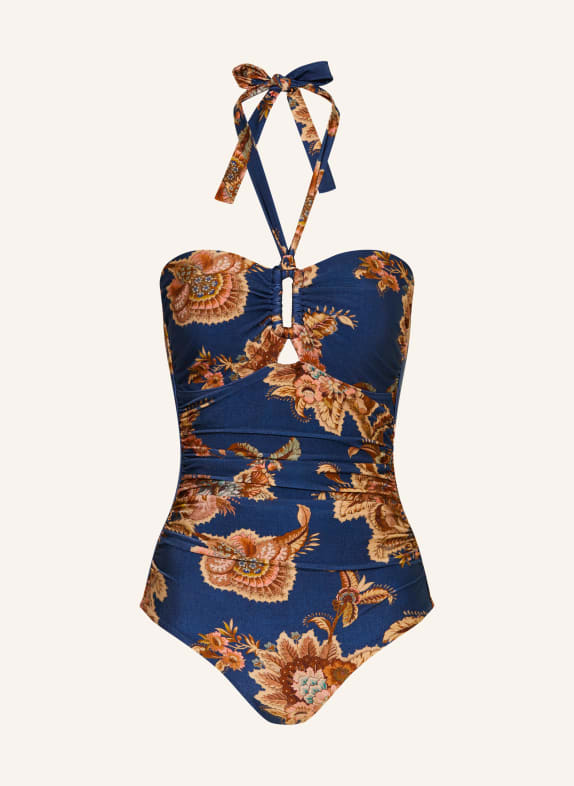 ZIMMERMANN ASTER halter-neck swimsuit BLUE / LIGHT BROWN / SALMON