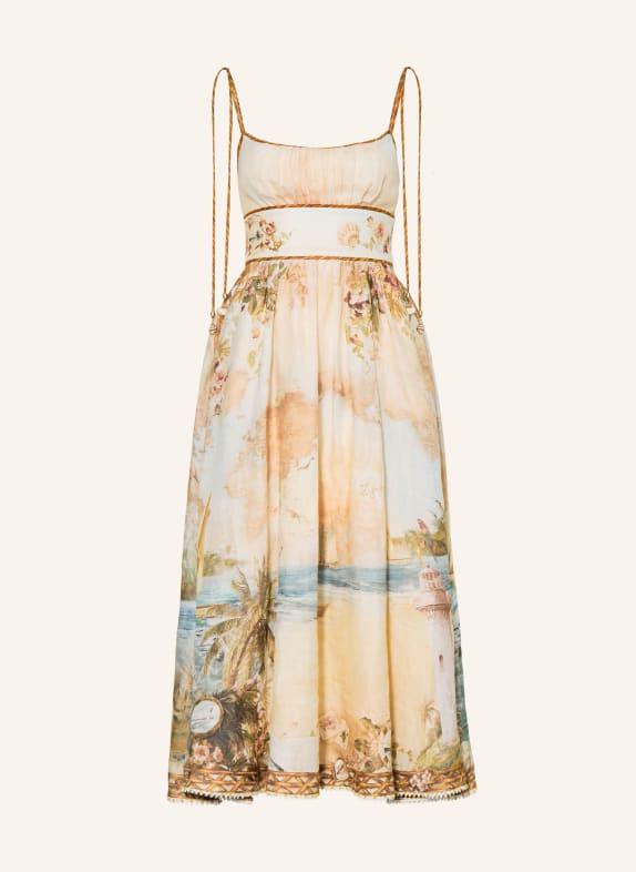 ZIMMERMANN Leinenkleid MAHON mit Plissees BEIGE / ROSA / HELLGRÜN