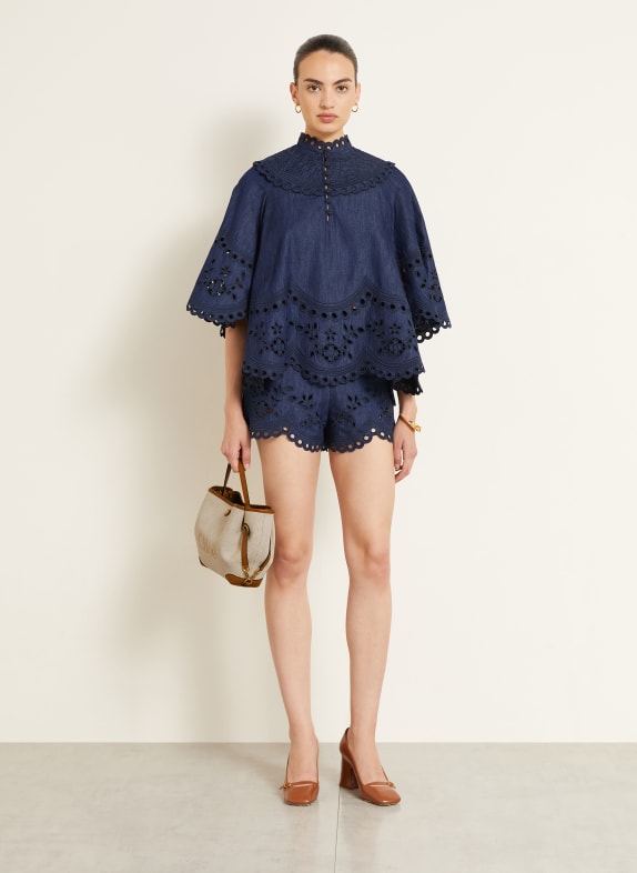 ZIMMERMANN Denimblouse MAHON met opengewerkte kant en 3/4-mouwen DONKERBLAUW