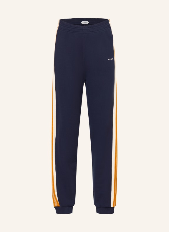 VERSACE Pantalon en molleton à bandes décoratives BLEU FONCÉ / COGNAC / CRÈME