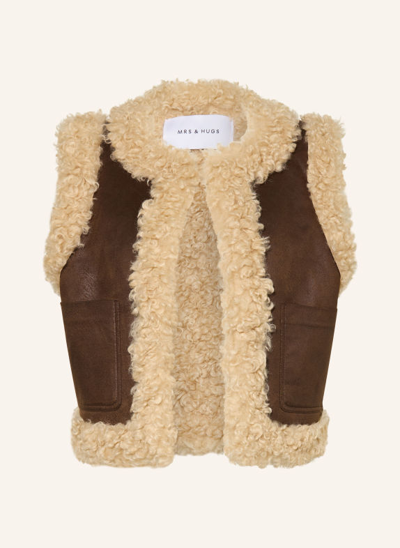 MRS & HUGS Bodywarmer in leerlook met kunstbont MARRON FONCÉ / BEIGE
