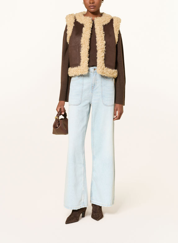 MRS & HUGS Veste sans manches aspect cuir avec fausse fourrure MARRON FONCÉ / BEIGE
