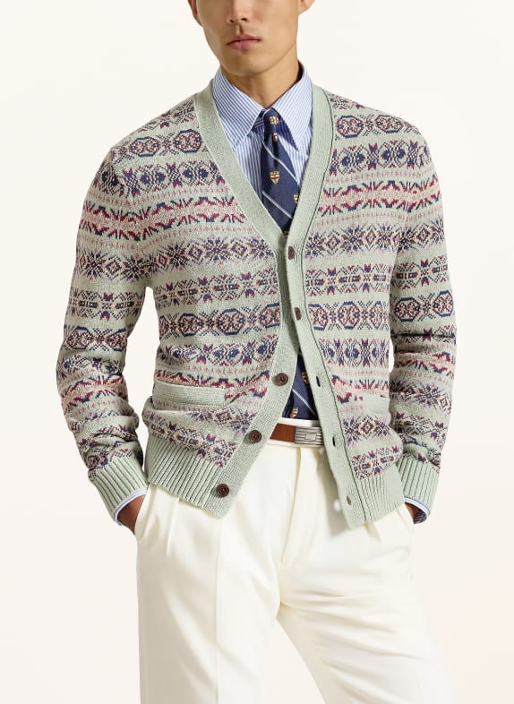 POLO RALPH LAUREN Strickjacke mit Leinen HELLGRÜN / DUNKELLILA / DUNKELBLAU