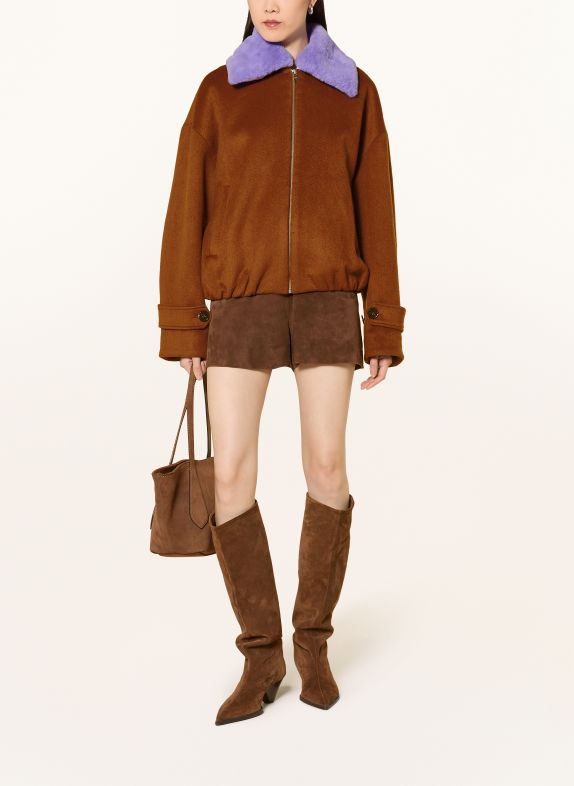 FABIENNE CHAPOT JEAL Bomber jacket with Detachable Faux Fur BROWN / PURPLE