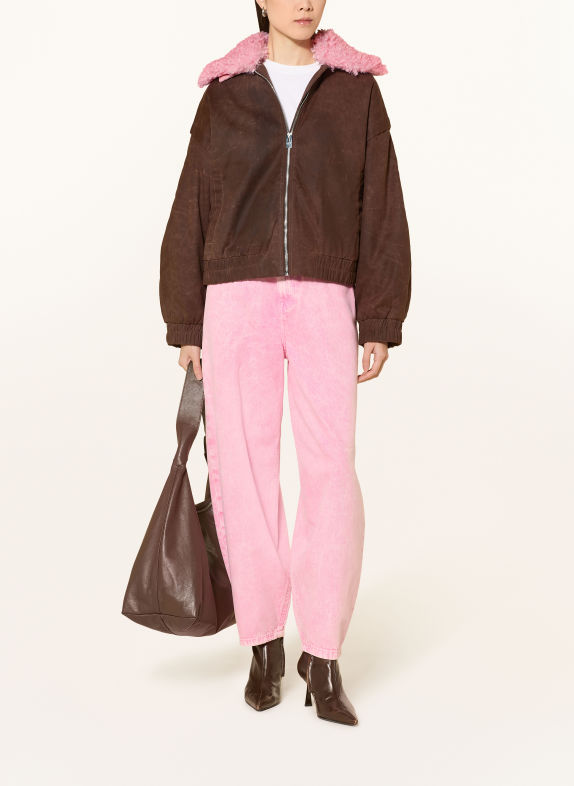 FABIENNE CHAPOT JAY Bomber jacket with Detachable Faux Fur DARK BROWN / PINK
