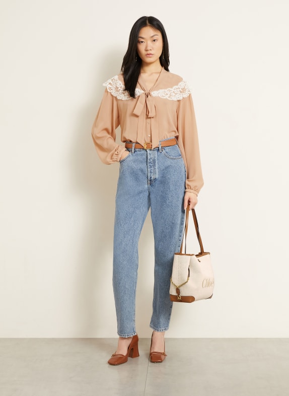 Chloé Zijden strikblouse met strik en kant CAMEL / WIT