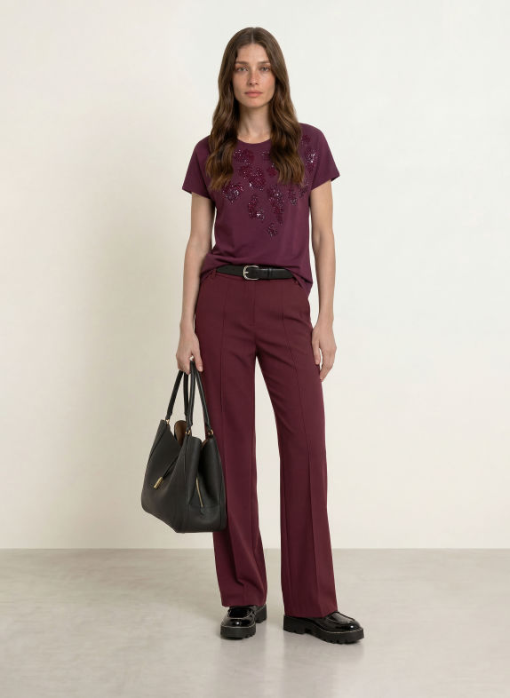 MARC CAIN T-shirt à paillettes et strass 296 winetasting