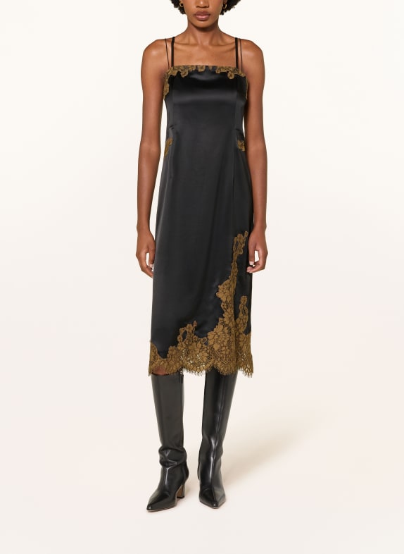 DOROTHEE SCHUMACHER Satinkleid SHINY STATEMENT mit Spitze SCHWARZ / COGNAC