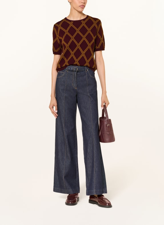 ALLUDE Gebreid shirt met kasjmier CAMEL / DONKERROOD