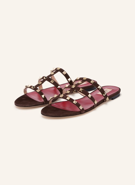 VALENTINO GARAVANI Pantoletten ROCKSTUD mit Nieten DUNKELBRAUN / GOLD