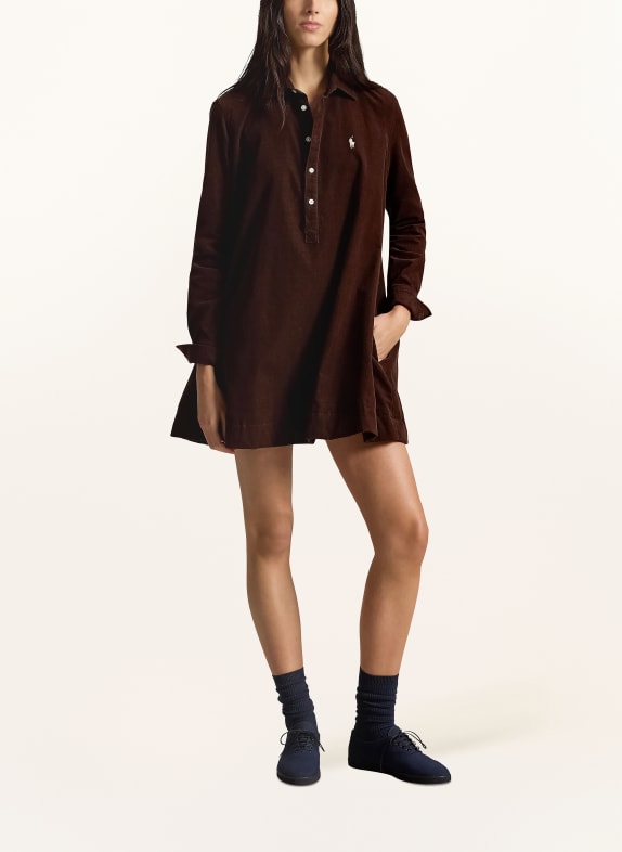 POLO RALPH LAUREN Hemdblusenkleid aus Cord DUNKELBRAUN / ECRU