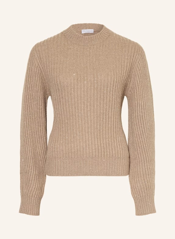 BRUNELLO CUCINELLI Pull en cachemire et fil pailleté MARRON CLAIR / ARGENT