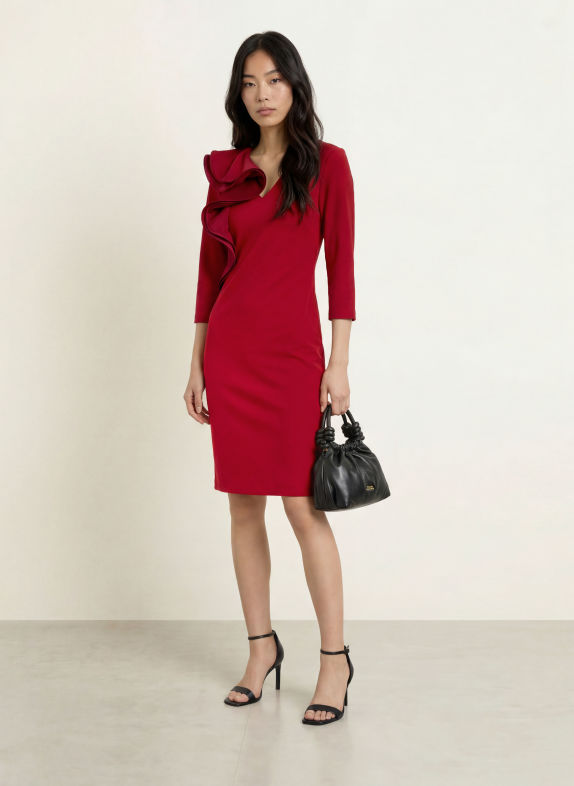 Joseph Ribkoff Kleid mit 3/4-Arm und Volants DUNKELROT