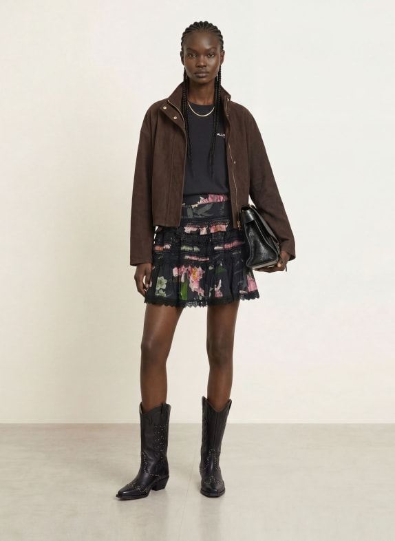 ALLSAINTS ZORA-rok met ruches en kant ZWART / LICHTROOD / GROEN
