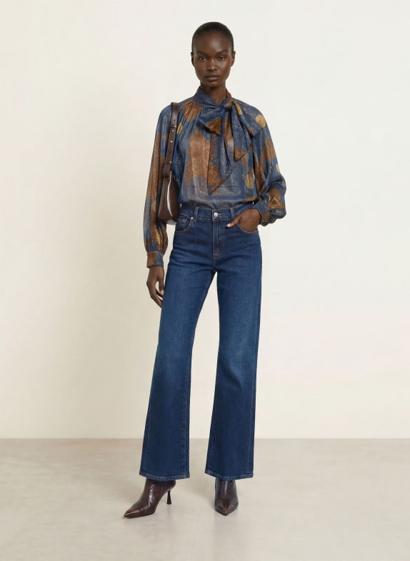 SIYU Strikblouse met strik en glittergaren DONKERBLAUW / BRUIN / DONKERGEEL