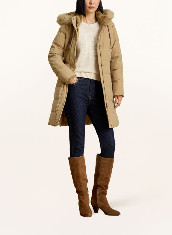 LAUREN RALPH LAUREN Palton din puf cu guler detașabil și blană artificială CAMEL