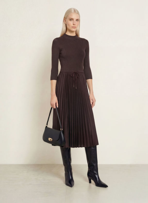 TOMMY HILFIGER Kleid im Materialmix mit 3/4-Arm DUNKELBRAUN