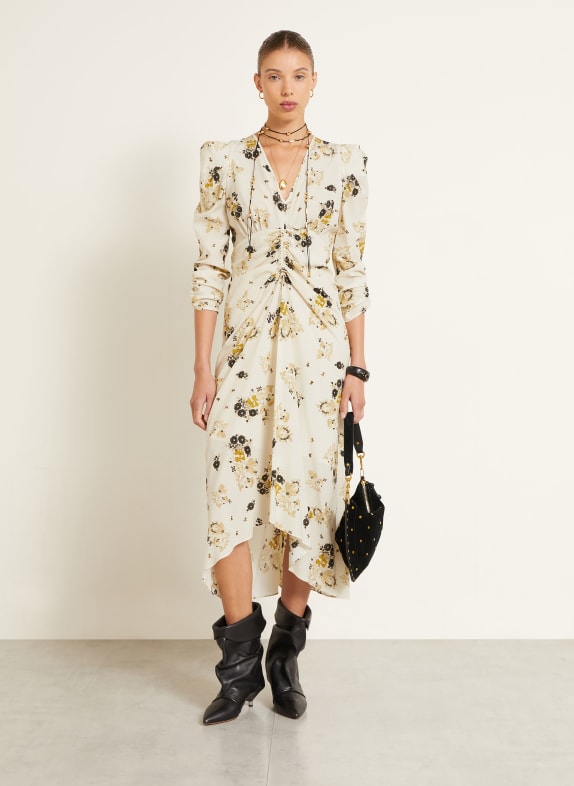 ISABEL MARANT Sukienka ALBINI z jedwabiem i rękawami 3/4 ECRU / CIEMNOŻÓŁTY / CZARNY