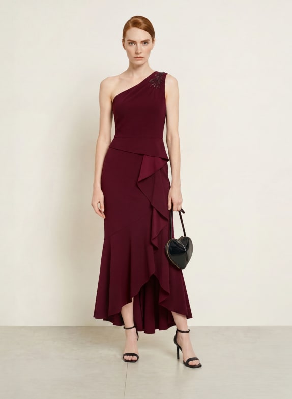 ADRIANNA PAPELL Abendkleid mit Schmucksteinen und Volants DUNKELROT