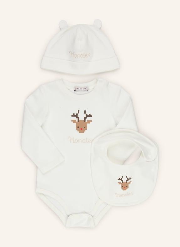 MONCLER enfant Set: Body, Mütze und Lätzchen ECRU / DUNKELBRAUN / BRAUN