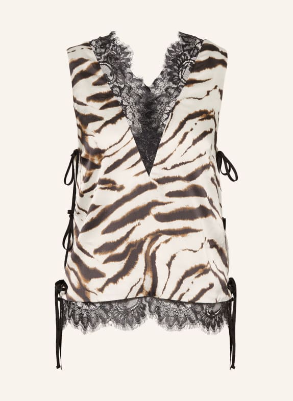 GANNI Satin top with lace ECRU / BROWN / BLACK
