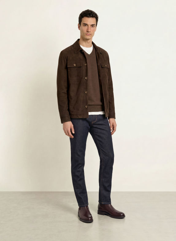 FYNCH-HATTON Leather Overshirt DARK BROWN
