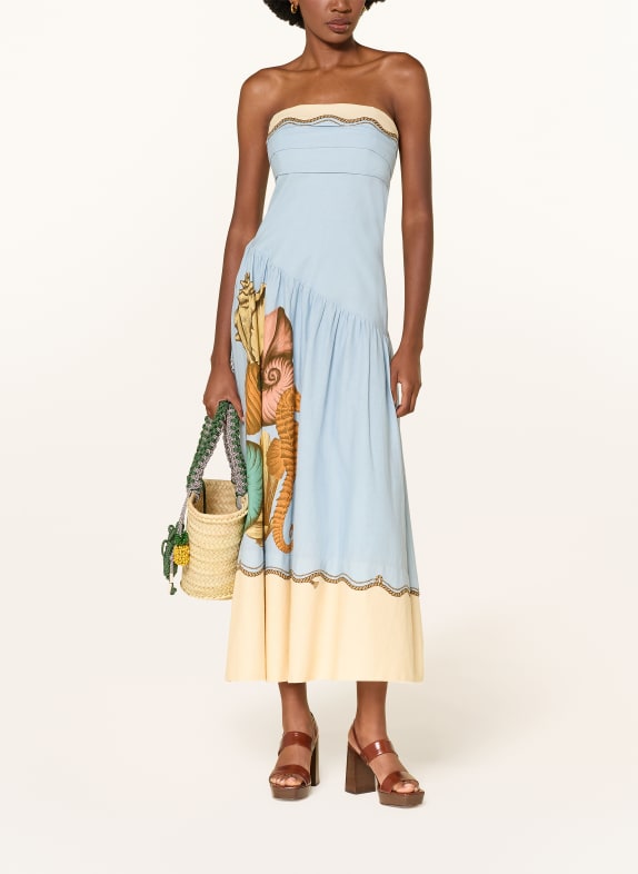FARM RIO RIO SOUVENIR Off-the-shoulder dress with Linen LIGHT BLUE / CREAM / DARK ORANGE