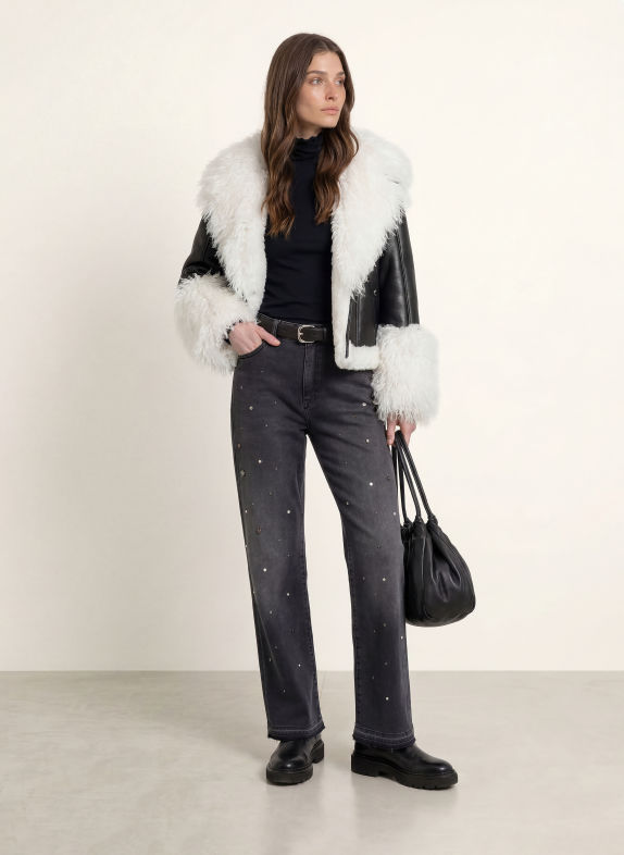 MARC CAIN Veste aspect cuir avec fourrure synthétique 900 black new