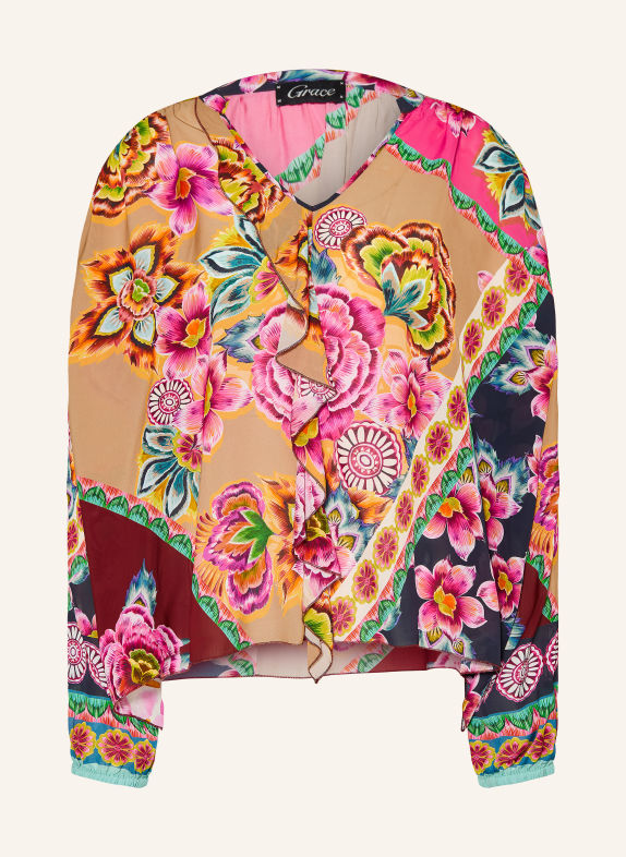Grace Blusenshirt FLOWERS mit Volants BEIGE / PINK / DUNKELBLAU