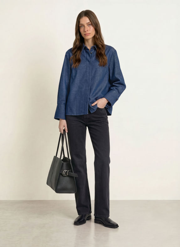 lilienfels Overhemdblouse in jeanslook van flanel DONKERBLAUW