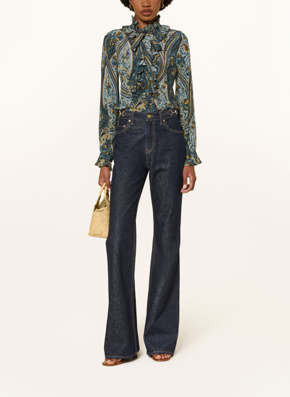 ULLA JOHNSON CATROUX silk blouse with ruffles TEAL / DARK YELLOW / MINT