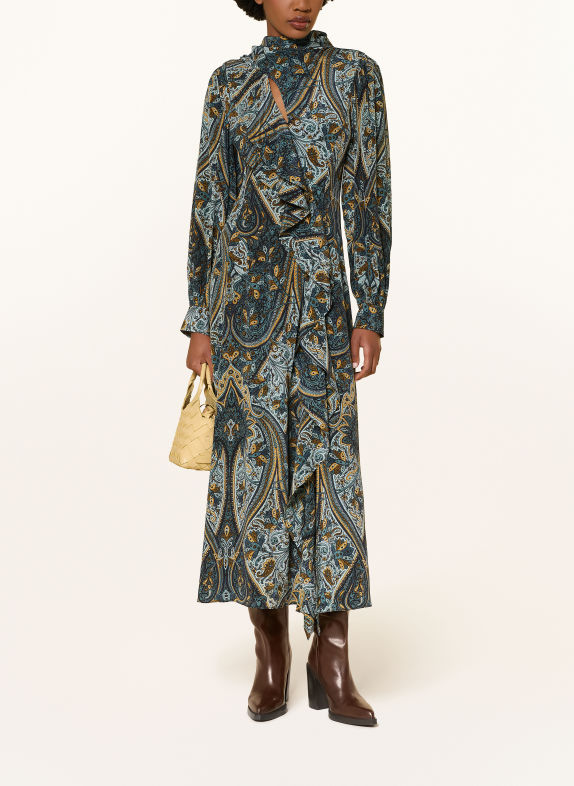 ULLA JOHNSON Zijden jurk SABRINA met volants PETROL / DONKERGEEL / MINT