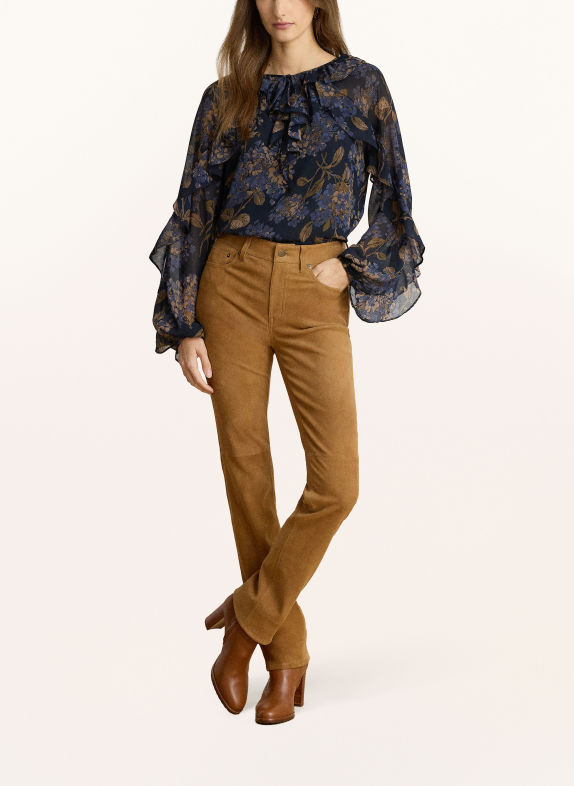 LAUREN RALPH LAUREN Blusenshirt mit Volants DUNKELBLAU / BRAUN