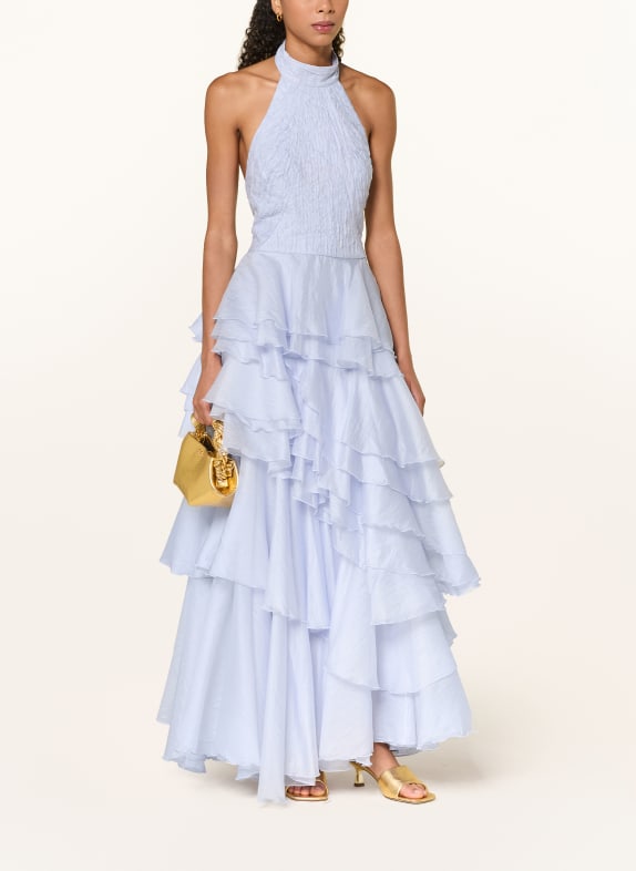 Aje. Robe de soirée FAYETTE à volants BLEU CLAIR