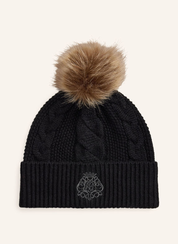LAUREN RALPH LAUREN Mütze mit Kunstfell SCHWARZ / BRAUN