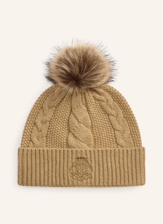 LAUREN RALPH LAUREN Mütze mit Kunstfell und Glitzergarn CAMEL / BRAUN