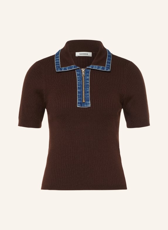 SANDRO Strick-Poloshirt DUNKELBRAUN / BLAU