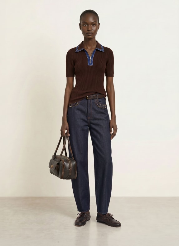 SANDRO Strick-Poloshirt DUNKELBRAUN / BLAU
