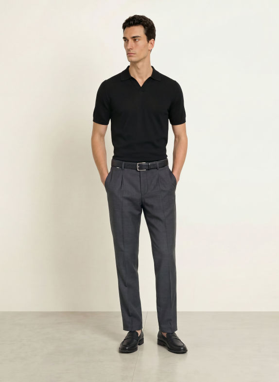 REISS Gebreid poloshirt DUCHIE van merinowol ZWART