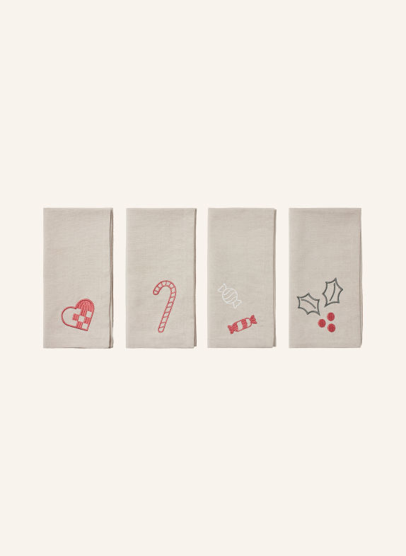 BROSTE COPENHAGEN 4er-Set Stoffservietten FRYD BEIGE / ROT / GRÜN