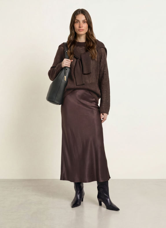 BOSS VESATIE satin skirt DARK BROWN