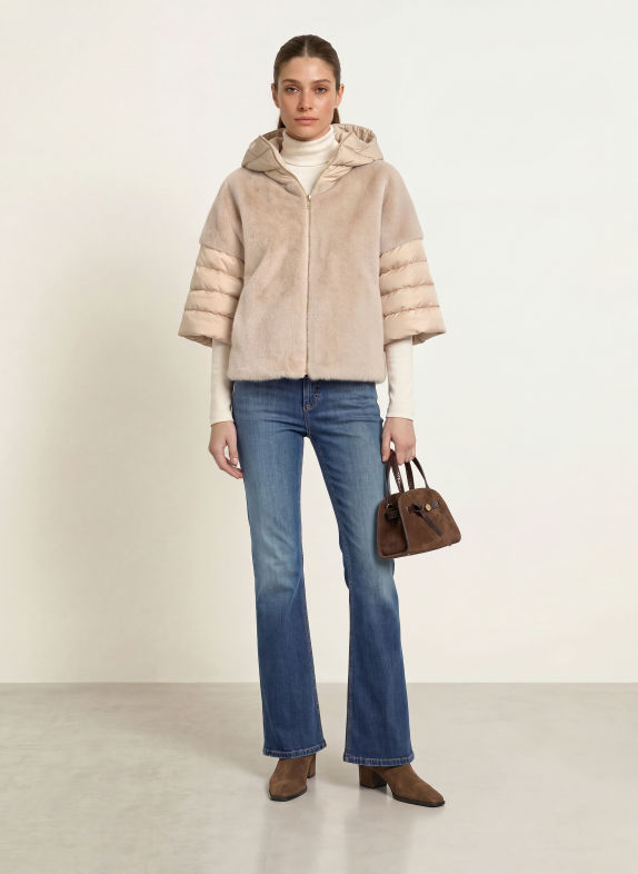 HERNO Faux fur down jacket with 3/4 sleeves BEIGE / LIGHT GRAY