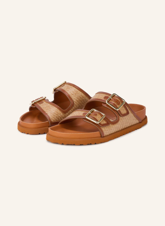 1774 BIRKENSTOCK Pantoletten ARIZONA FRAMED RAFFIA COGNAC / GOLD / BEIGE